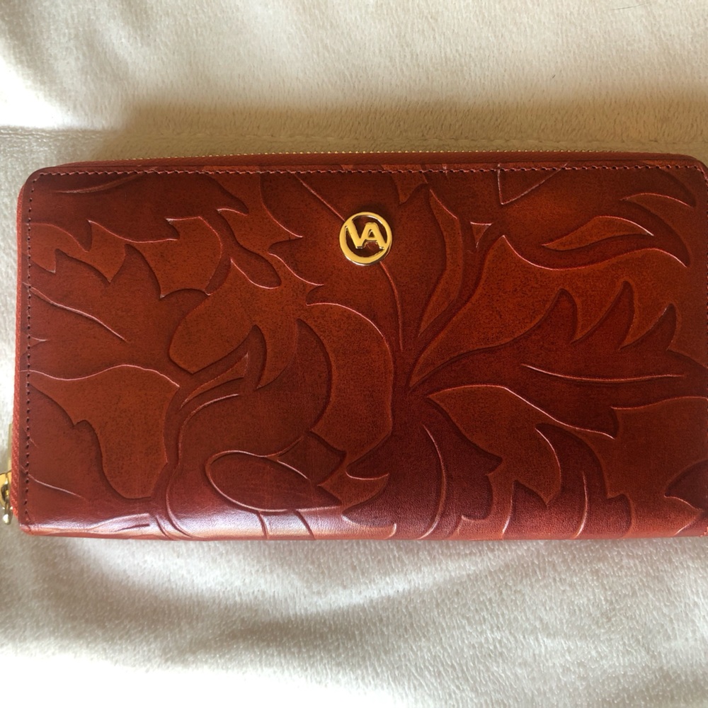 Floral Embossed ORANGE BROWN Leather Wallet - Brown